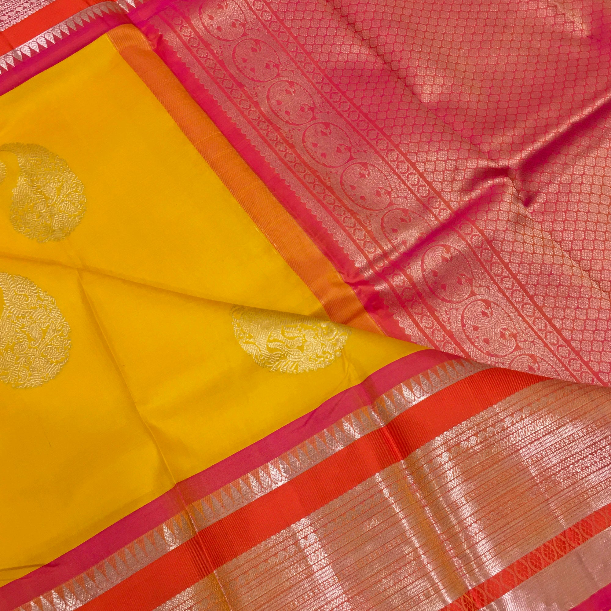 Yellow pink Kanchi pattu saree