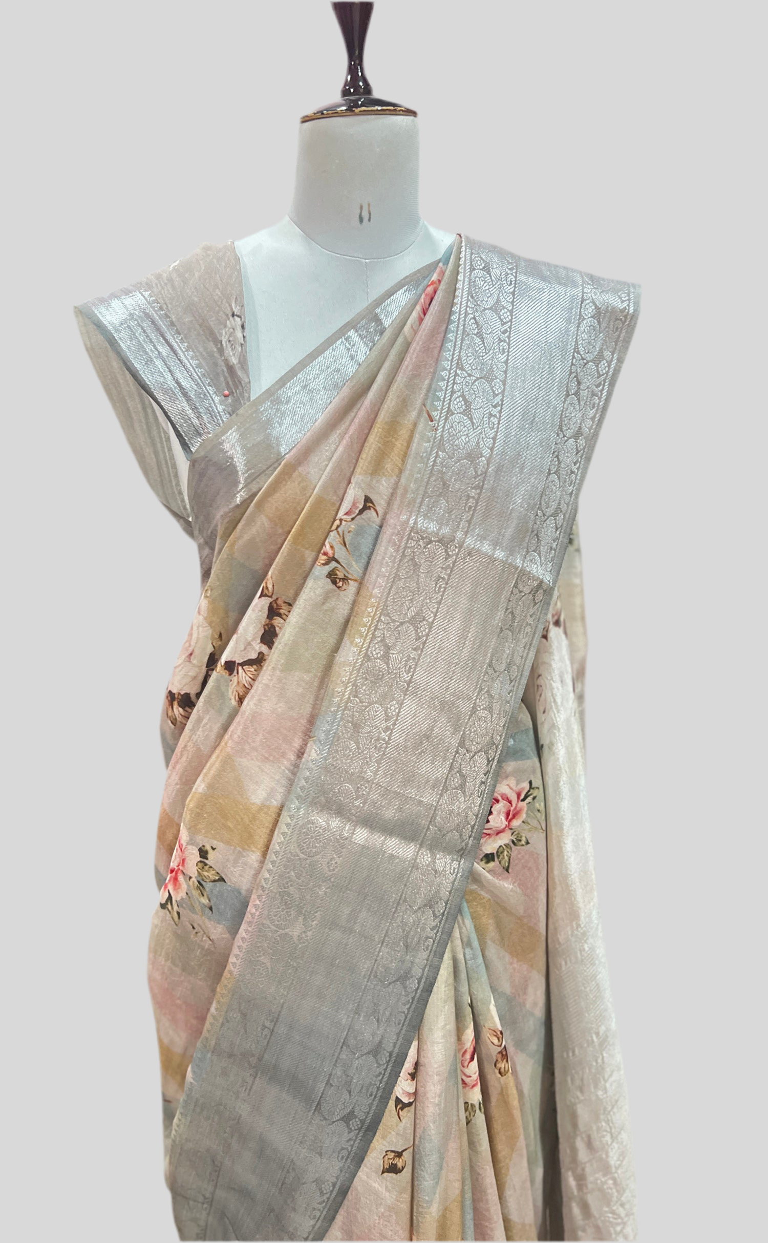 Beige & Silver Saree